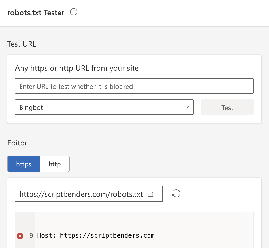 Bing Webmaster Tools robots.txt tester displaying an error when encountering Host